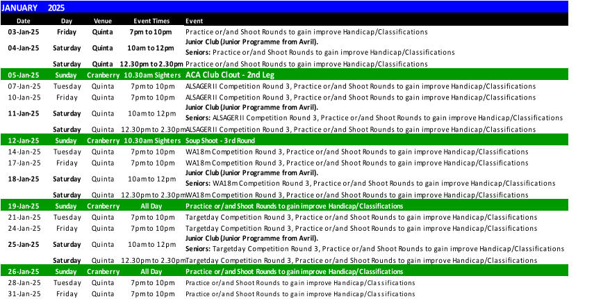 JANUARY 2025 Date Day Venue Event Times Event 03-Jan-25 Friday Quinta 7pm to 10pm Practice or/and Shoot Rounds to gain improve Handicap/Classifications 04-Jan-25 Saturday Quinta 10am to 12pm  Junior Club (Junior Programme from Avril).                                                                                                                                                          Seniors:  Practice or/and Shoot Rounds to gain improve Handicap/Classifications Saturday Quinta 12.30pm to 2.30pm Practice or/and Shoot Rounds to gain improve Handicap/Classifications 05-Jan-25 Sunday Cranberry 10.30am Sighters ACA Club Clout - 2nd Leg 07-Jan-25 Tuesday Quinta 7pm to 10pm ALSAGER II Competition Round 3, Practice or/and Shoot Rounds to gain improve Handicap/Classifications 10-Jan-25 Friday Quinta 7pm to 10pm ALSAGER II Competition Round 3, Practice or/and Shoot Rounds to gain improve Handicap/Classifications 11-Jan-25 Saturday Quinta 10am to 12pm  Junior Club (Junior Programme from Avril).                                                                                                                                                          Seniors:  ALSAGER II Competition Round 3, Practice or/and Shoot Rounds to gain improve Handicap/Classifications Saturday Quinta 12.30pm to 2.30pm ALSAGER II Competition Round 3, Practice or/and Shoot Rounds to gain improve Handicap/Classifications 12-Jan-25 Sunday Cranberry 10.30am Sighters Soup Shoot - 3rd Round 14-Jan-25 Tuesday Quinta 7pm to 10pm WA18m Competition Round 3, Practice or/and Shoot Rounds to gain improve Handicap/Classifications 17-Jan-25 Friday Quinta 7pm to 10pm WA18m Competition Round 3, Practice or/and Shoot Rounds to gain improve Handicap/Classifications 18-Jan-25 Saturday Quinta 10am to 12pm  Junior Club (Junior Programme from Avril).                                                                                                                                                          Seniors:  WA18m Competition Round 3, Practice or/and Shoot Rounds to gain improve Handicap/Classifications Saturday Quinta 12.30pm to 2.30pm WA18m Competition Round 3, Practice or/and Shoot Rounds to gain improve Handicap/Classifications 19-Jan-25 Sunday Cranberry All Day Practice or/and Shoot Rounds to gain improve Handicap/Classifications 21-Jan-25 Tuesday Quinta 7pm to 10pm Targetday Competition Round 3, Practice or/and Shoot Rounds to gain improve Handicap/Classifications 24-Jan-25 Friday Quinta 7pm to 10pm Targetday Competition Round 3, Practice or/and Shoot Rounds to gain improve Handicap/Classifications 25-Jan-25 Saturday Quinta 10am to 12pm  Junior Club (Junior Programme from Avril).                                                                                                                                                          Seniors:  Targetday Competition Round 3, Practice or/and Shoot Rounds to gain improve Handicap/Classifications Saturday Quinta 12.30pm to 2.30pm Targetday Competition Round 3, Practice or/and Shoot Rounds to gain improve Handicap/Classifications 26-Jan-25 Sunday Cranberry All Day Practice or/and Shoot Rounds to gain improve Handicap/Classifications 28-Jan-25 Tuesday Quinta 7pm to 10pm Practice or/and Shoot Rounds to gain improve Handicap/Classifications 31-Jan-25 Friday Quinta 7pm to 10pm Practice or/and Shoot Rounds to gain improve Handicap/Classifications